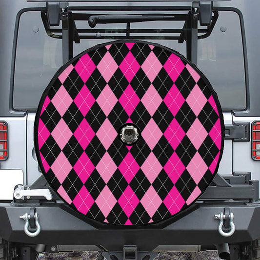 Black And Deep Pink Argyle Pattern Print Tire Cover With Camera Hole