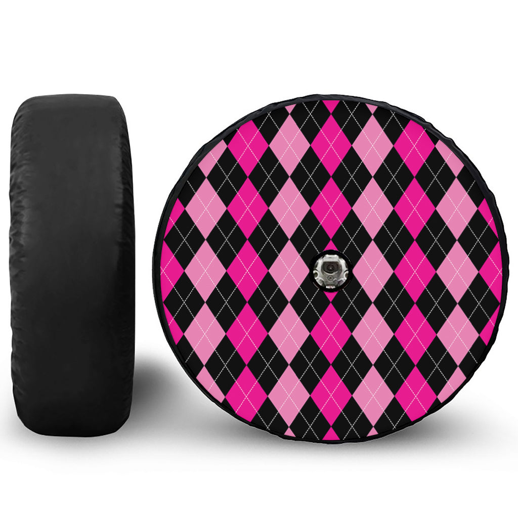 Black And Deep Pink Argyle Pattern Print Tire Cover With Camera Hole