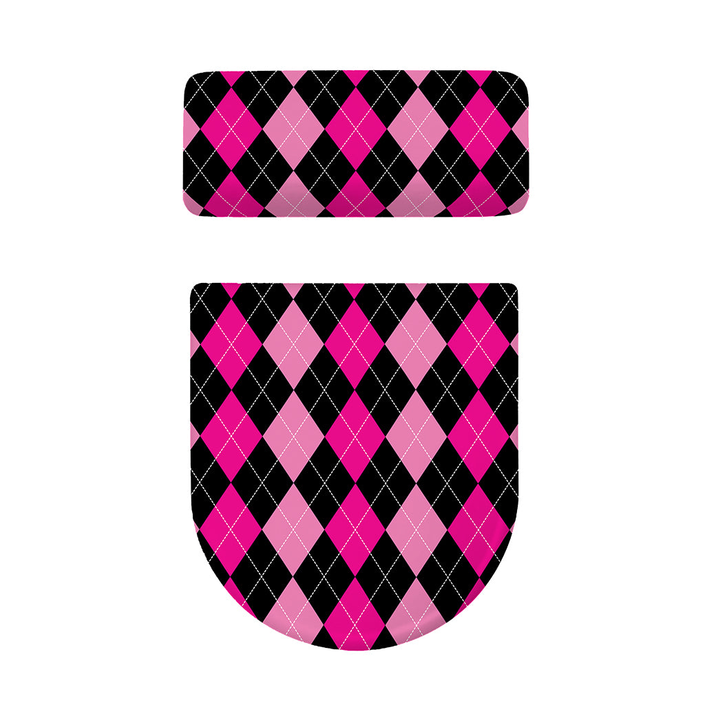 Black And Deep Pink Argyle Pattern Print Toilet Lid And Tank Cover Set