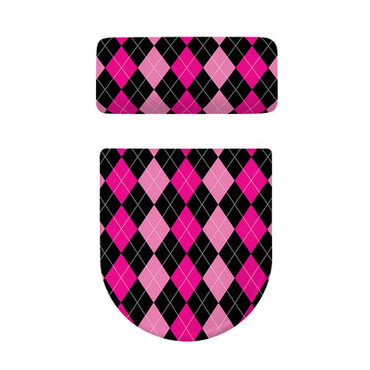 Black And Deep Pink Argyle Pattern Print Toilet Lid And Tank Cover Set