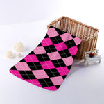 Black And Deep Pink Argyle Pattern Print Towel