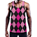 Black And Deep Pink Argyle Pattern Print Men's Workout Tank Top