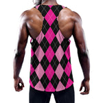Black And Deep Pink Argyle Pattern Print Training Tank Top