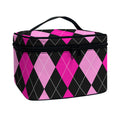 Black And Deep Pink Argyle Pattern Print Travel Makeup Bag
