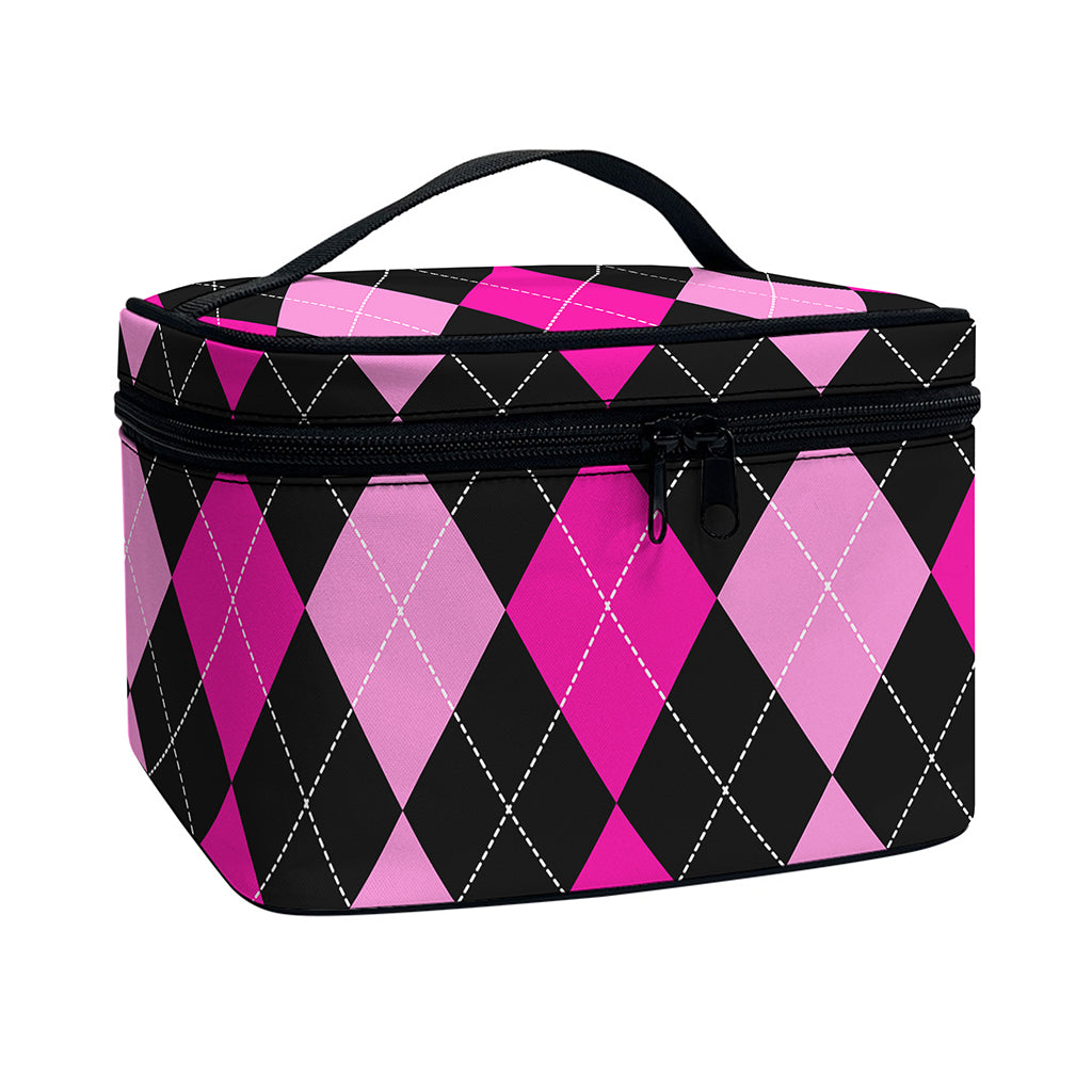 Black And Deep Pink Argyle Pattern Print Travel Makeup Bag