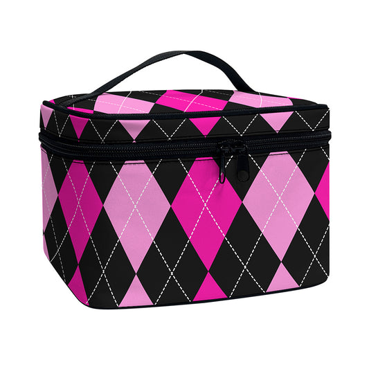 Black And Deep Pink Argyle Pattern Print Travel Makeup Bag