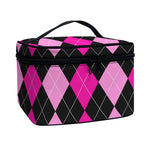 Black And Deep Pink Argyle Pattern Print Travel Makeup Bag