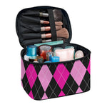 Black And Deep Pink Argyle Pattern Print Travel Makeup Bag