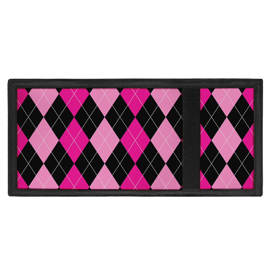 Black And Deep Pink Argyle Pattern Print Trifold Wallet