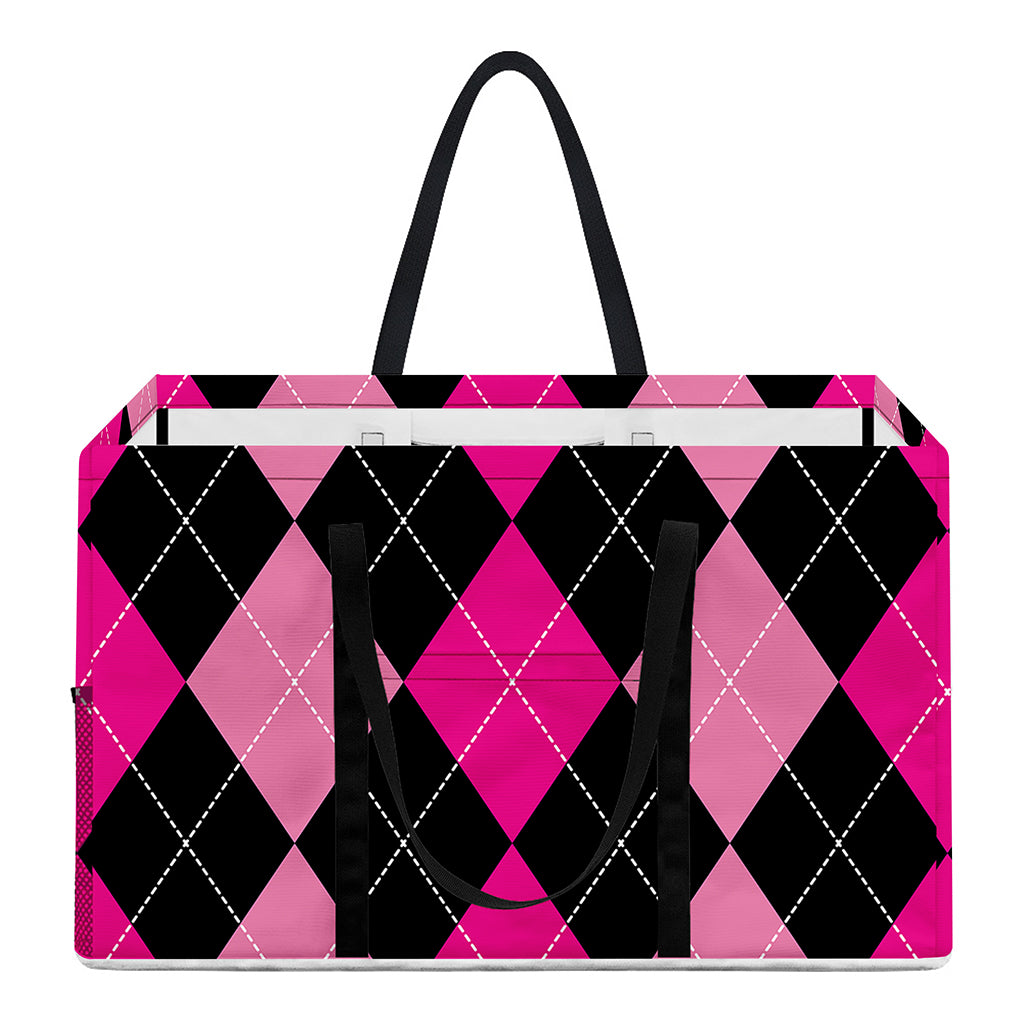 Black And Deep Pink Argyle Pattern Print Utility Tote Bag