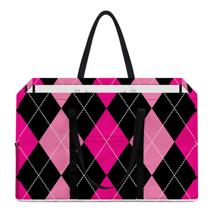 Black And Deep Pink Argyle Pattern Print Utility Tote Bag