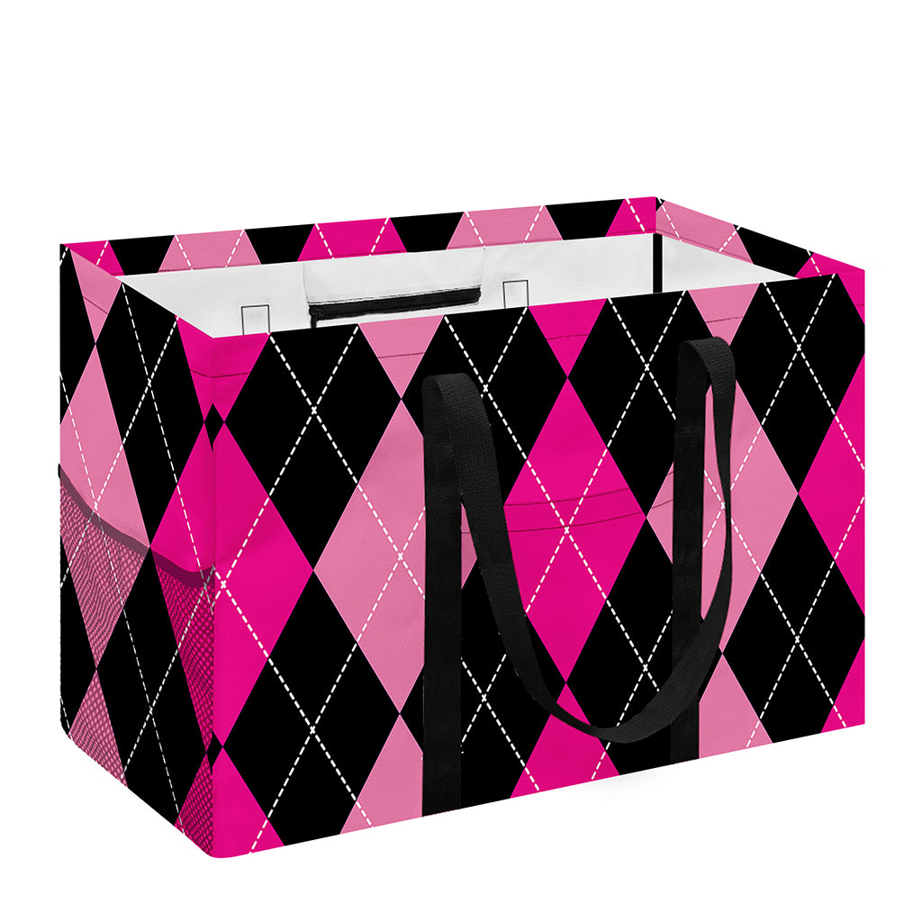 Black And Deep Pink Argyle Pattern Print Utility Tote Bag