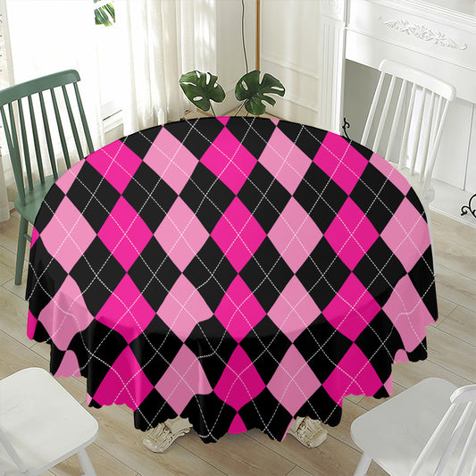 Black And Deep Pink Argyle Pattern Print Waterproof Round Tablecloth