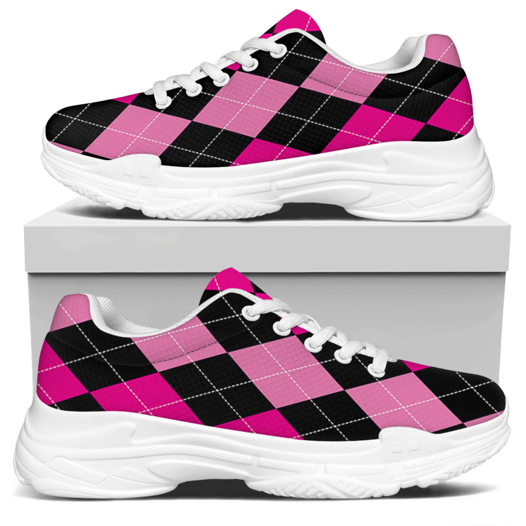Black And Deep Pink Argyle Pattern Print White Chunky Shoes