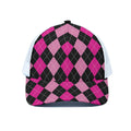 Black And Deep Pink Argyle Pattern Print White Mesh Trucker Hat