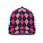 Black And Deep Pink Argyle Pattern Print White Mesh Trucker Cap