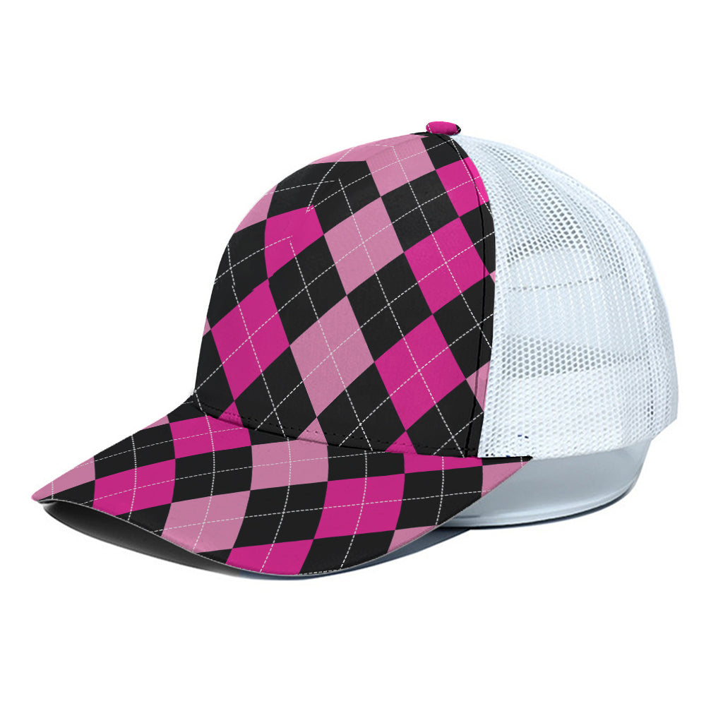 Black And Deep Pink Argyle Pattern Print White Mesh Trucker Cap