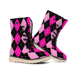 Black And Deep Pink Argyle Pattern Print Winter Boots