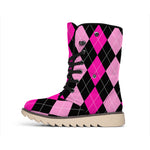 Black And Deep Pink Argyle Pattern Print Winter Boots