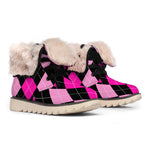 Black And Deep Pink Argyle Pattern Print Winter Boots