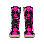 Black And Deep Pink Argyle Pattern Print Winter Boots