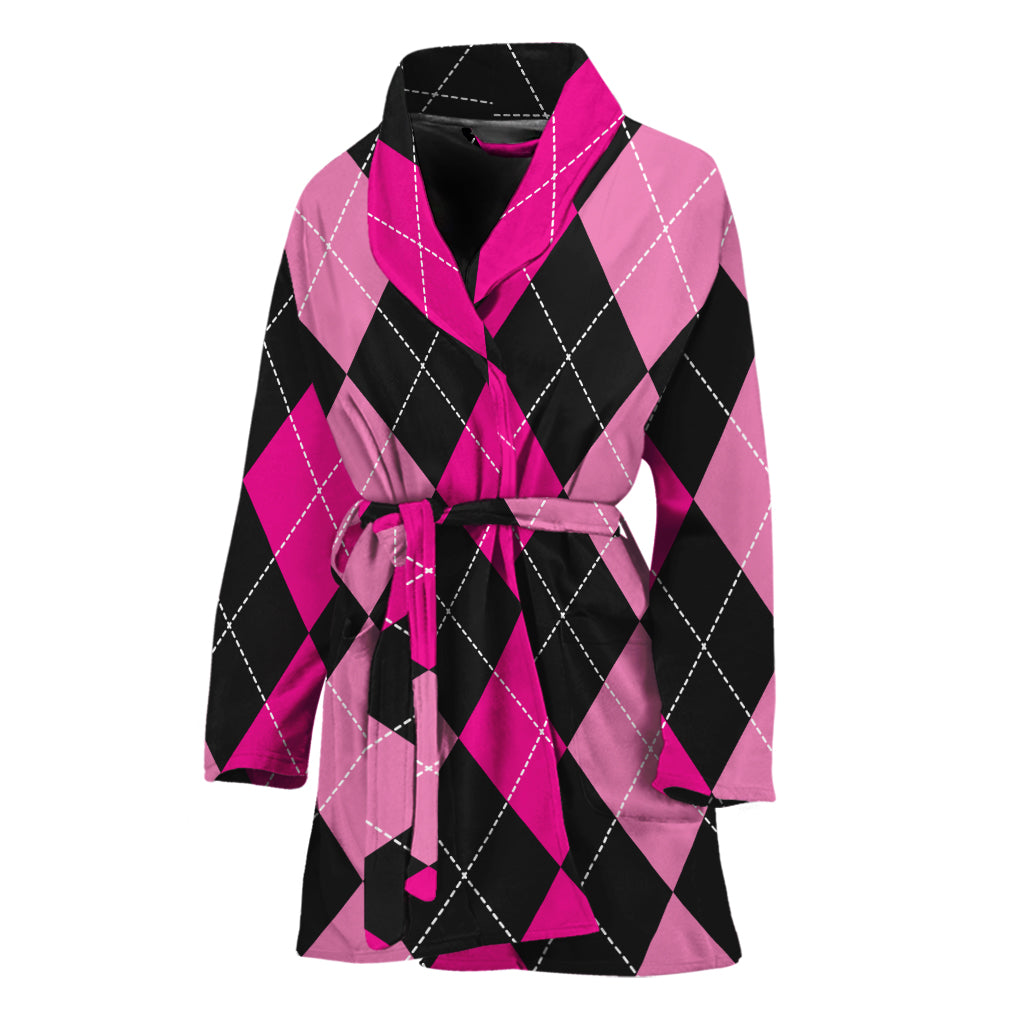 Black And Deep Pink Argyle Pattern Print Women's Bathrobe