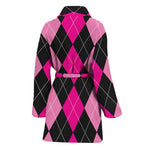 Black And Deep Pink Argyle Pattern Print Women's Bathrobe