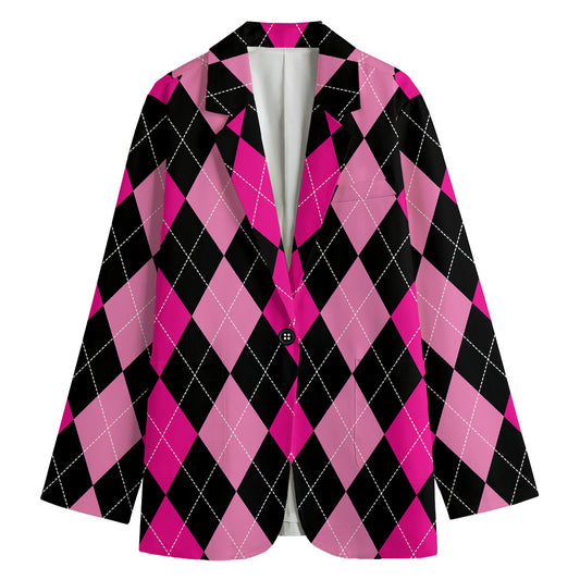 Black And Deep Pink Argyle Pattern Print Women's Blazer