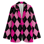 Black And Deep Pink Argyle Pattern Print Women's Blazer