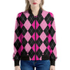 Black And Deep Pink Argyle Pattern Print Women's Bomber Jacket