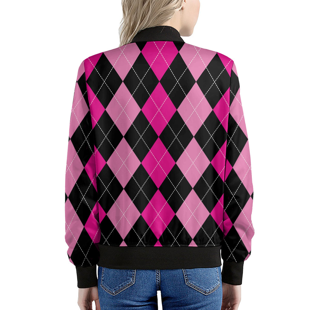 Black And Deep Pink Argyle Pattern Print Women's Bomber Jacket