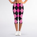 Black And Deep Pink Argyle Pattern Print Women's Capri Leggings