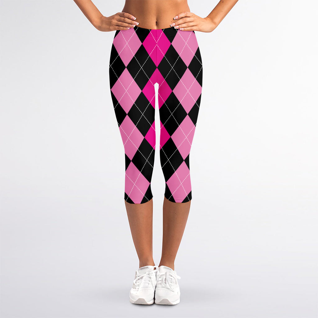 Black And Deep Pink Argyle Pattern Print Women's Capri Leggings