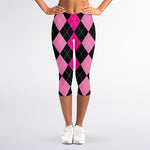 Black And Deep Pink Argyle Pattern Print Women's Capri Leggings