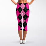 Black And Deep Pink Argyle Pattern Print Women's Capri Leggings