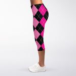 Black And Deep Pink Argyle Pattern Print Women's Capri Leggings