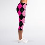 Black And Deep Pink Argyle Pattern Print Women's Capri Leggings