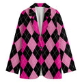 Black And Deep Pink Argyle Pattern Print Women's Cotton Blazer