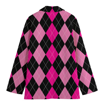 Black And Deep Pink Argyle Pattern Print Women's Cotton Blazer