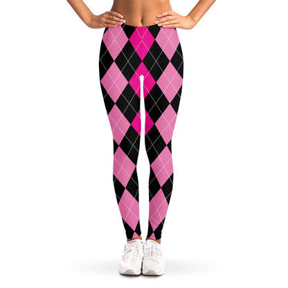 Black And Deep Pink Argyle Pattern Print Women's Leggings