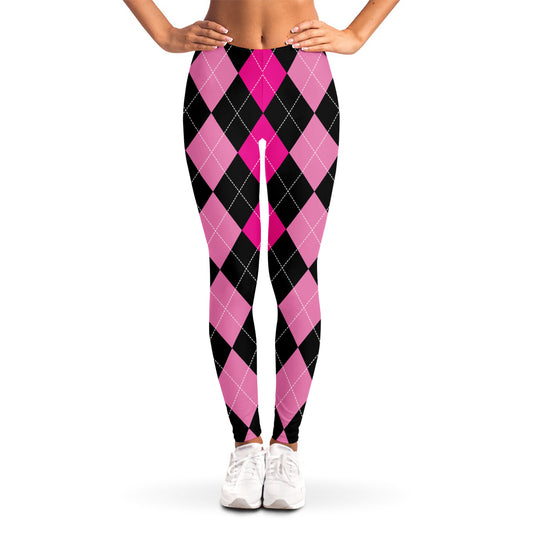 Black And Deep Pink Argyle Pattern Print Women's Leggings