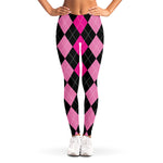 Black And Deep Pink Argyle Pattern Print Women's Leggings