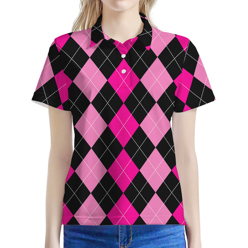 Black And Deep Pink Argyle Pattern Print Women's Polo Shirt