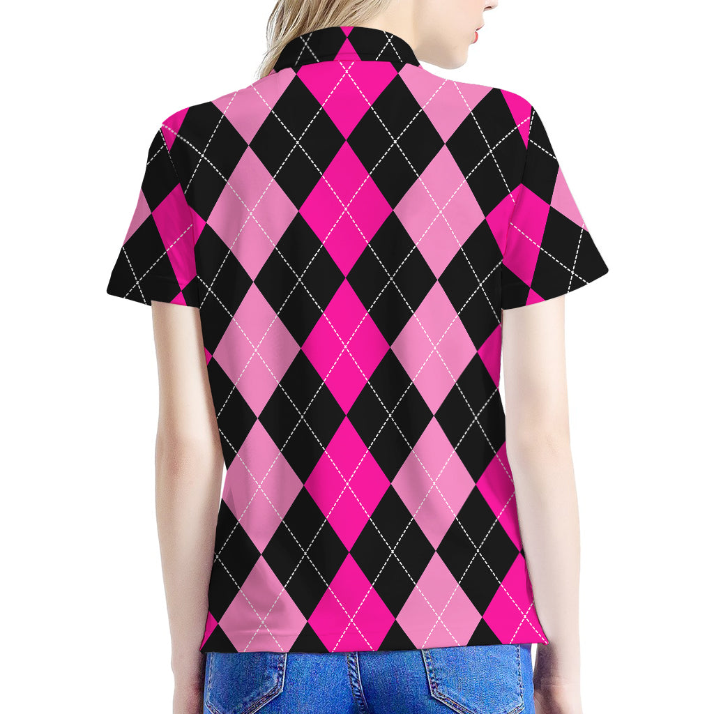 Black And Deep Pink Argyle Pattern Print Women's Polo Shirt