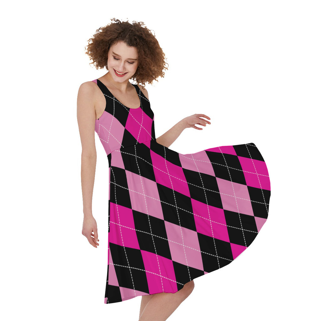 Black And Deep Pink Argyle Pattern Print Women's Sleeveless Dress
