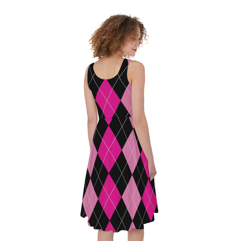 Black And Deep Pink Argyle Pattern Print Women's Sleeveless Dress