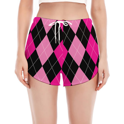 Black And Deep Pink Argyle Pattern Print Women's Split Running Shorts
