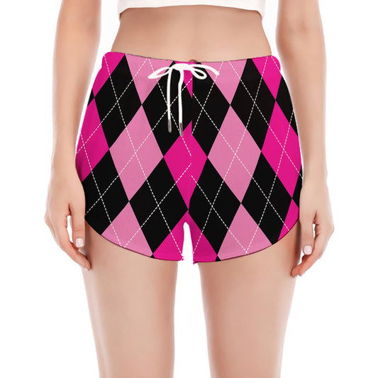 Black And Deep Pink Argyle Pattern Print Women's Split Running Shorts