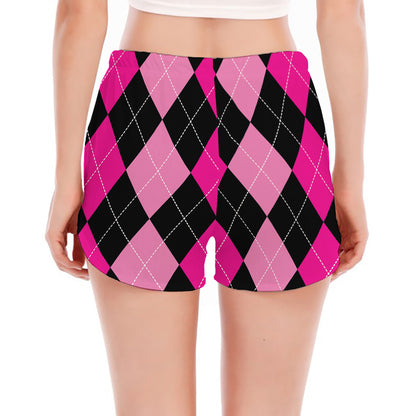 Black And Deep Pink Argyle Pattern Print Women's Split Running Shorts