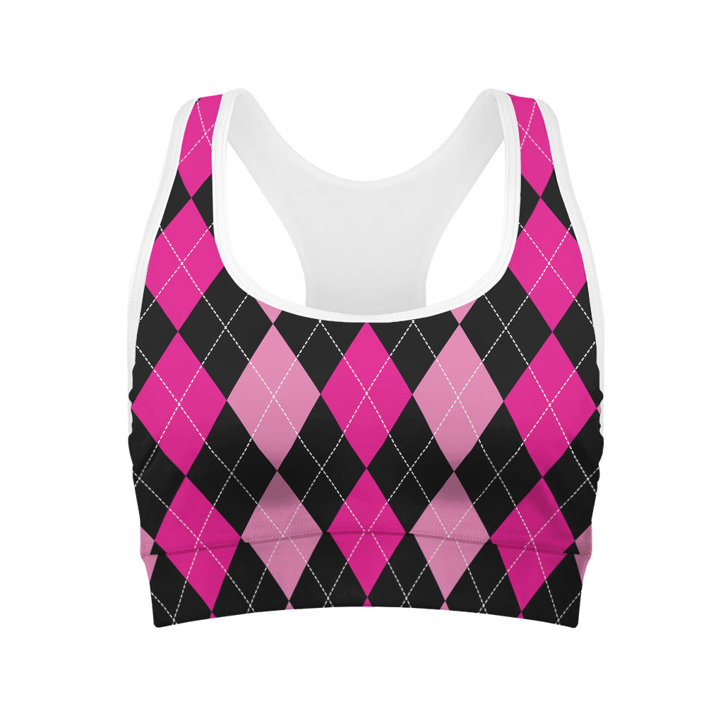 Black And Deep Pink Argyle Pattern Print Women's Sports Bra